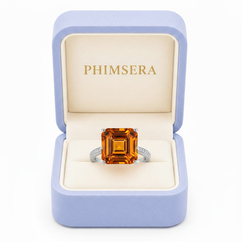 Natural 12mm Asscher cut citrine ring presented in Phimsera jewelry gift box