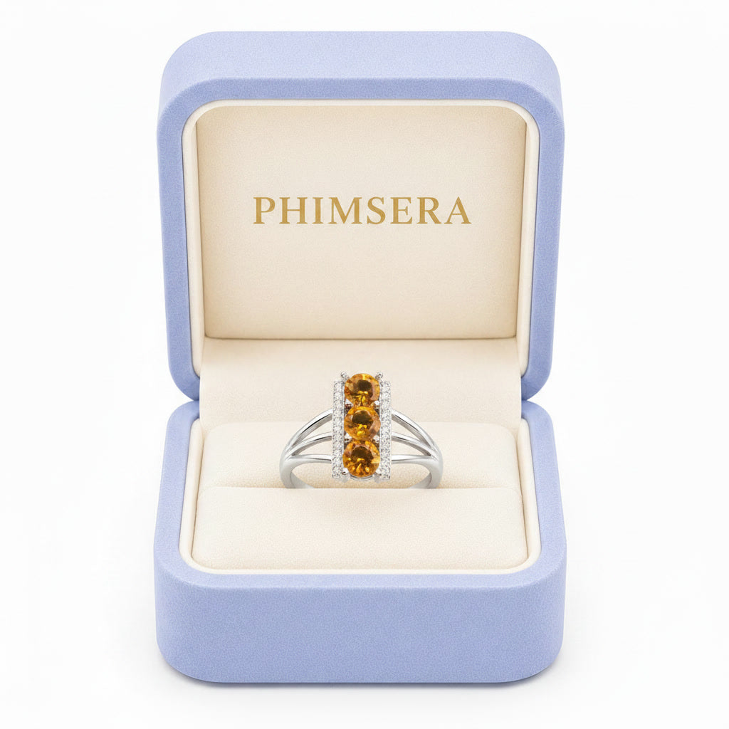 Natural three stone citrine ring presented in Phimsera jewelry gift box