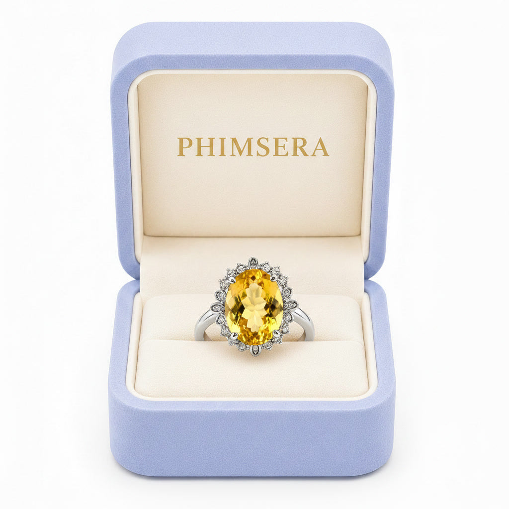10x14mm natural citrine ring presented in Phimsera jewelry gift box