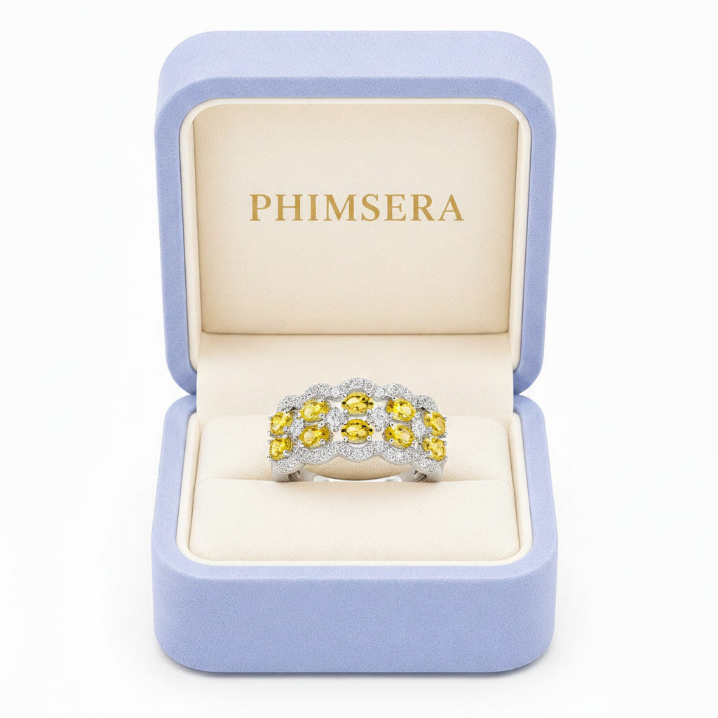 Natural citrine double row gemstone ring presented in Phimsera jewelry gift box