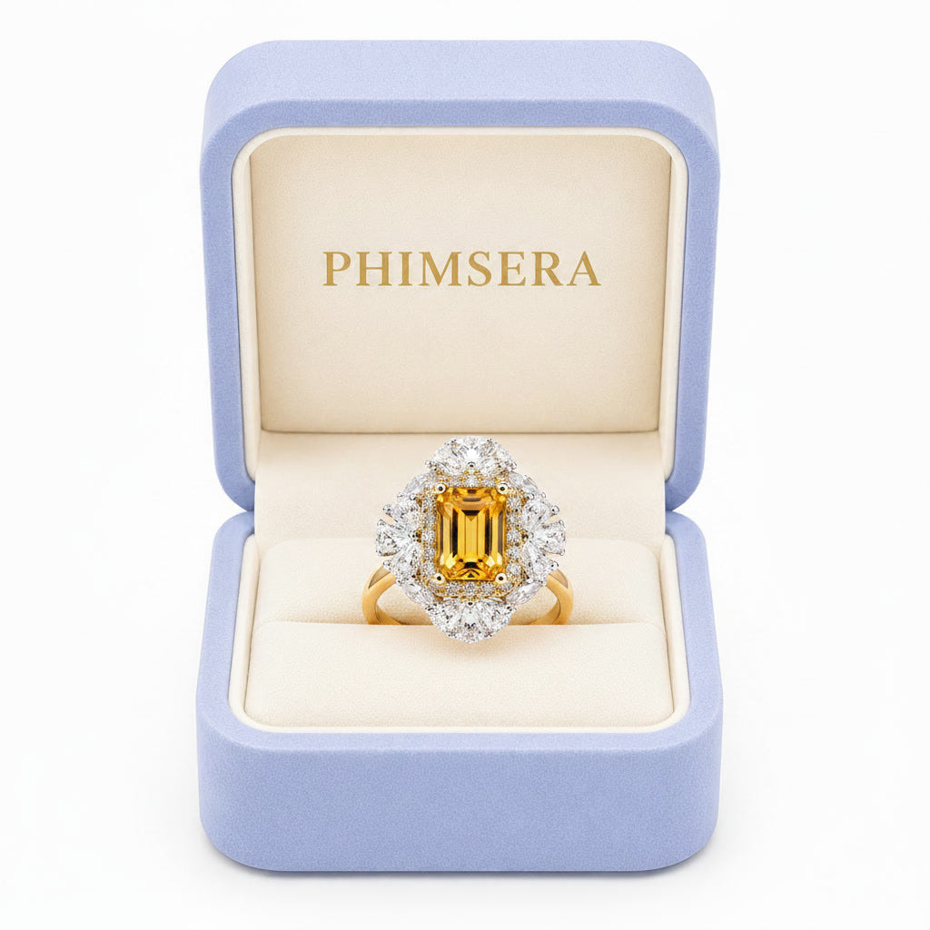 Natural 5x7mm emerald cut citrine floral ring presented in Phimsera jewelry gift box