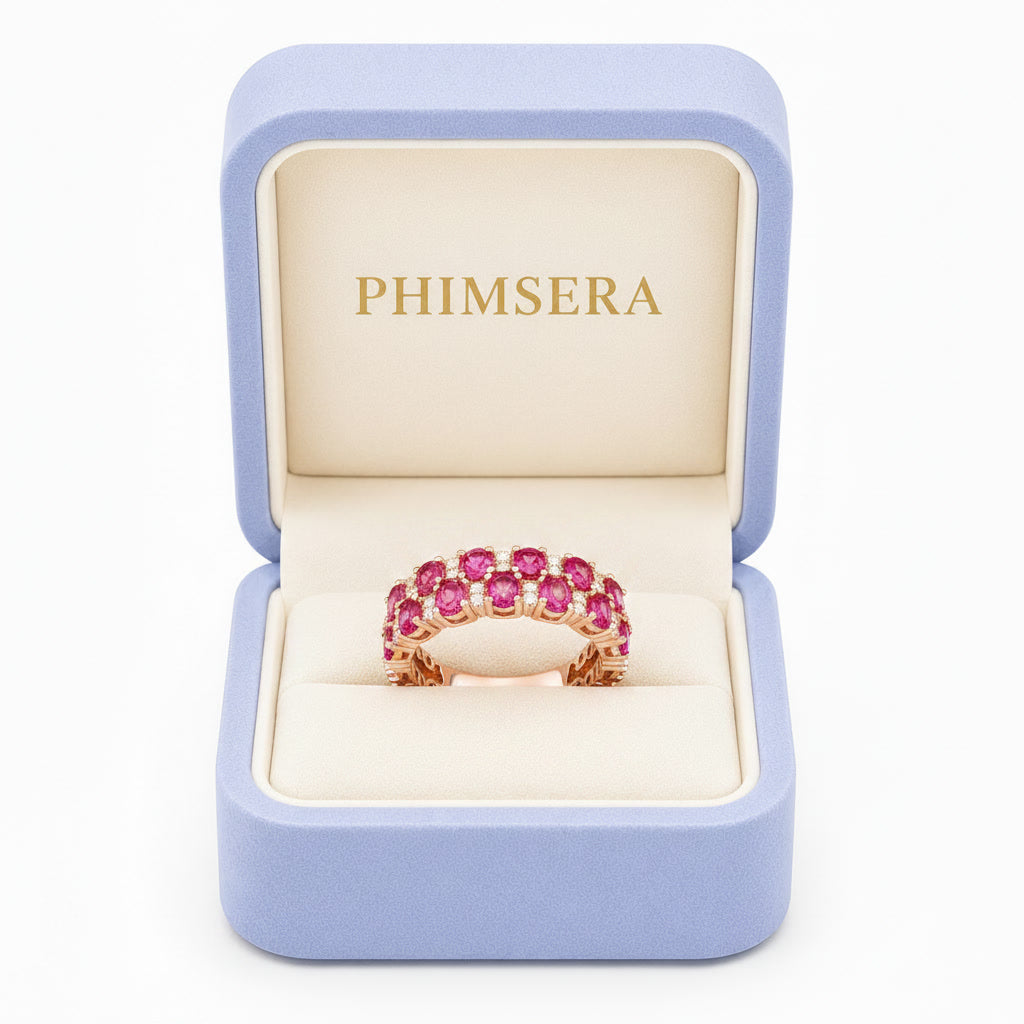 Natural Pink Citrine Double Layer Band Ring with 3x4mm Gemstones | 925 Sterling Silver | Phimsera