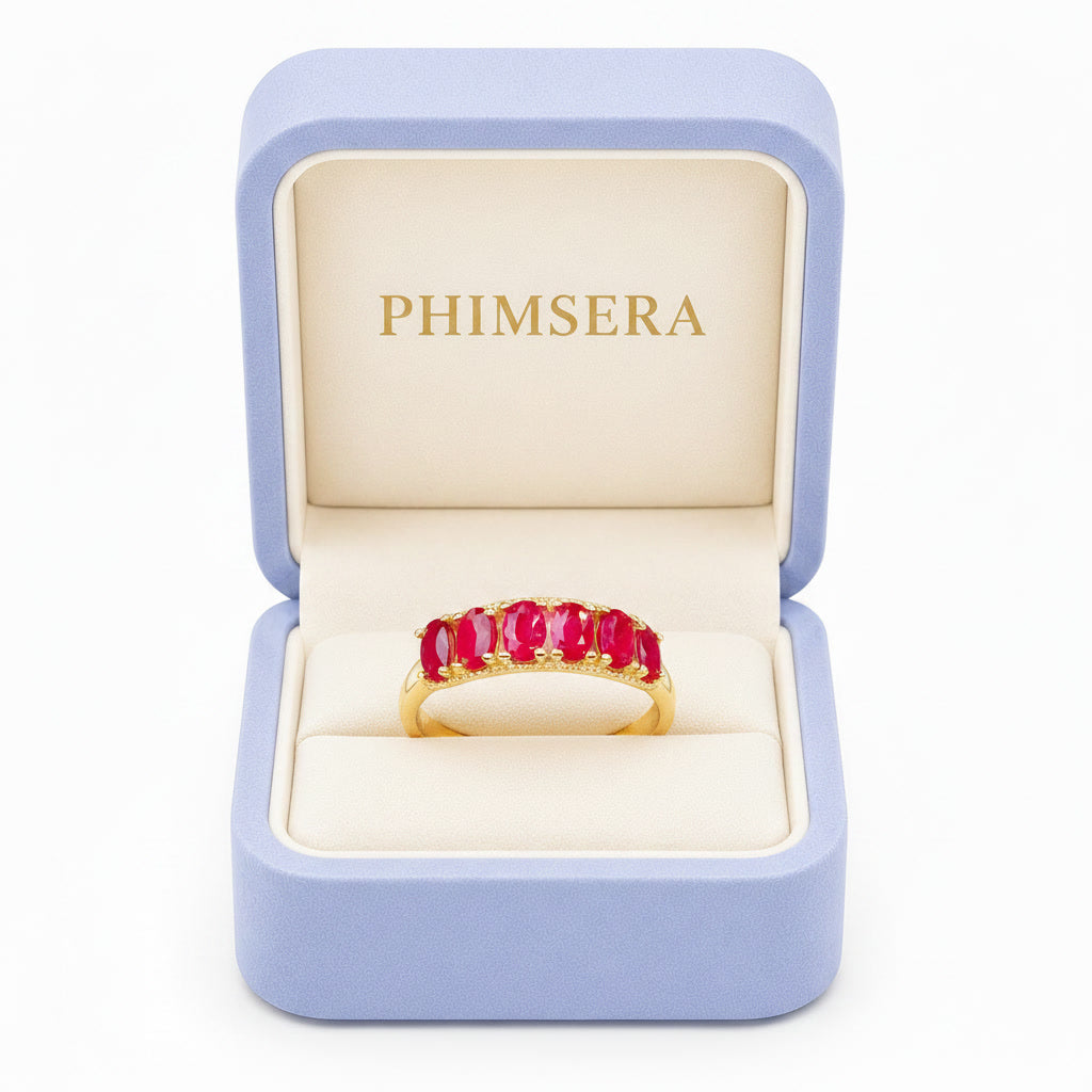 PHIMSERA natural ruby band ring presented in PHIMSERA jewelry box