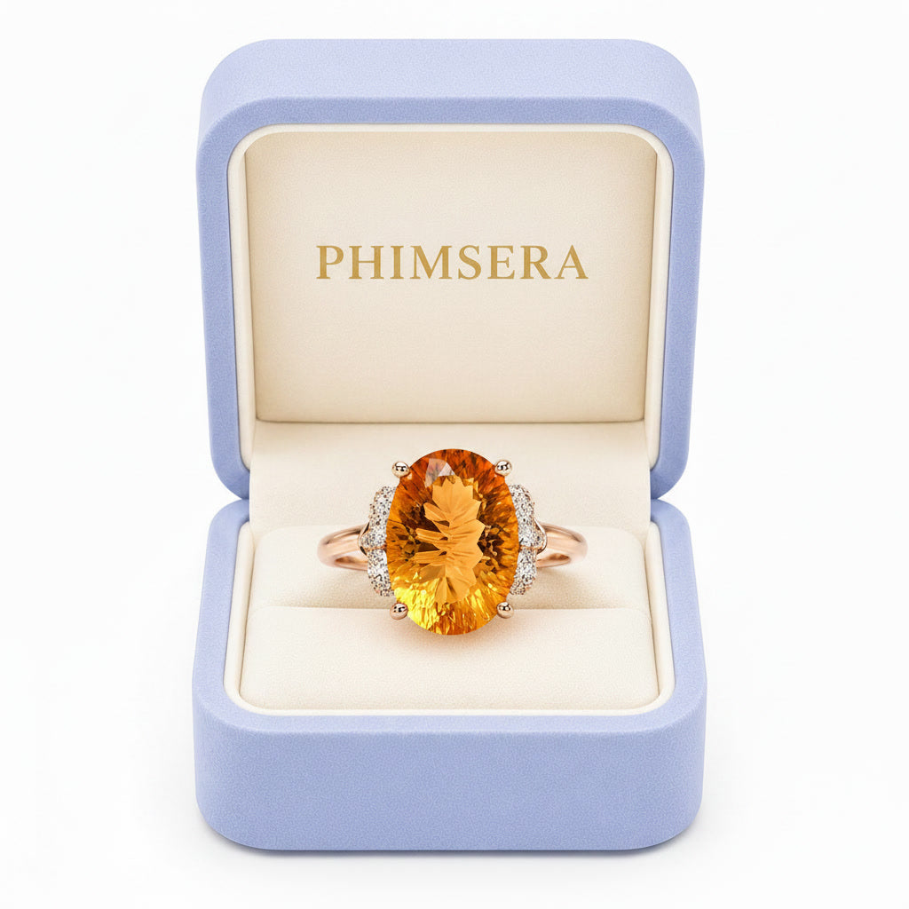 6 carat natural citrine ring presented in Phimsera jewelry gift box