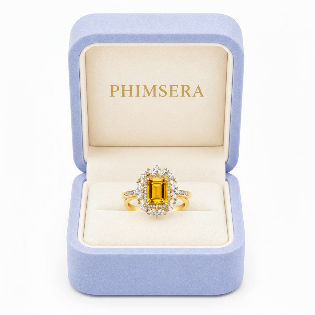 6x8mm citrine floral halo ring displayed in Phimsera jewelry box