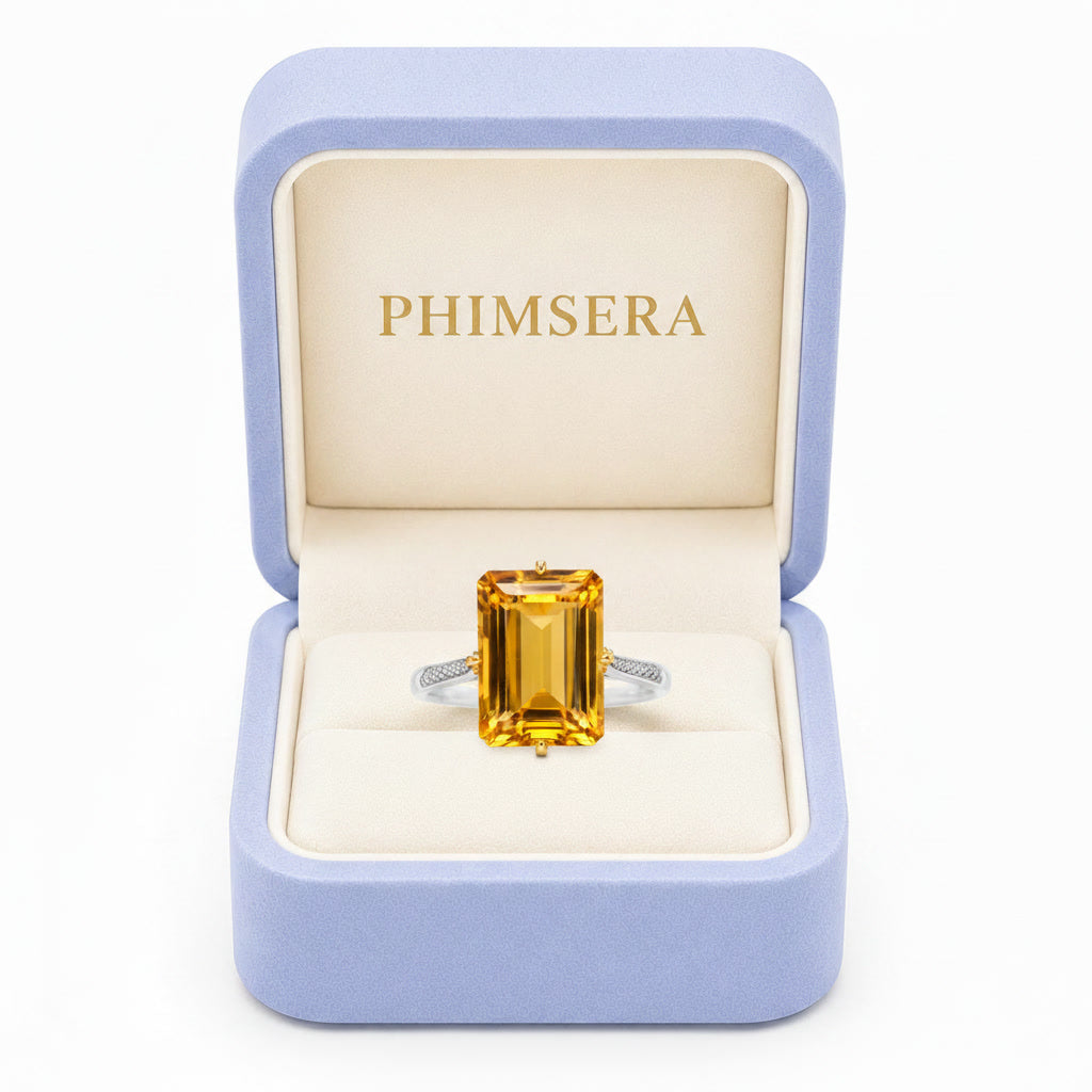 Natural 10x14mm emerald cut citrine ring presented in Phimsera jewelry gift box