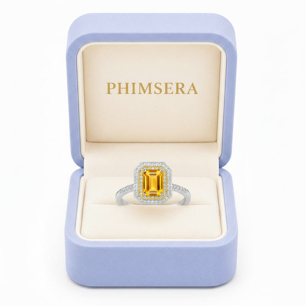 Natural 6x8mm emerald cut citrine ring presented in Phimsera jewelry gift box