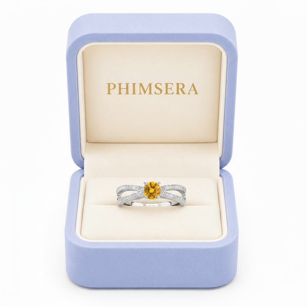 Natural 4mm round citrine ring presented in Phimsera jewelry gift box