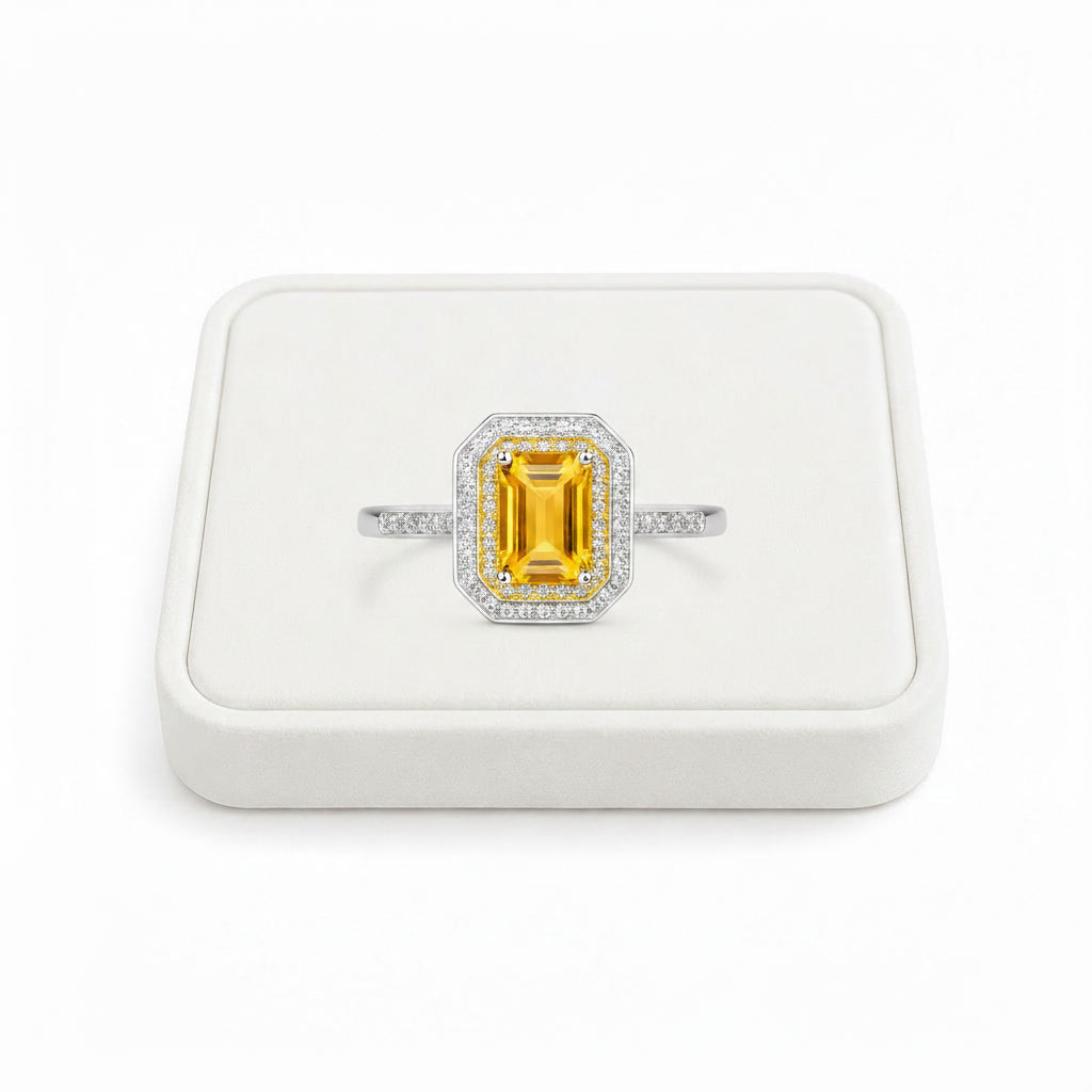 Natural Citrine Ring – 6x8mm Emerald Cut Citrine Double Halo Ring in 925 Sterling Silver