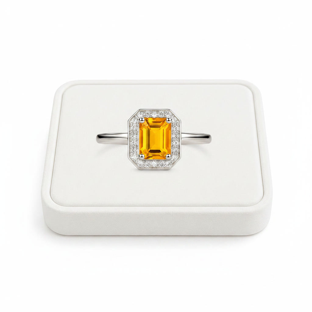 Natural Citrine Ring – 6x8mm Emerald Cut Citrine Halo Ring in 925 Sterling Silver
