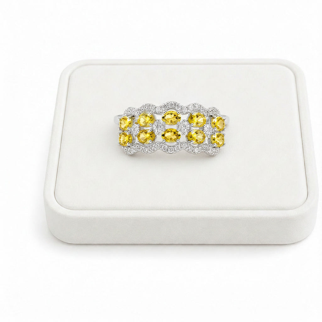 Natural Yellow Citrine Double Row Band Ring – 3x4mm Oval Gemstones in 925 Sterling Silver