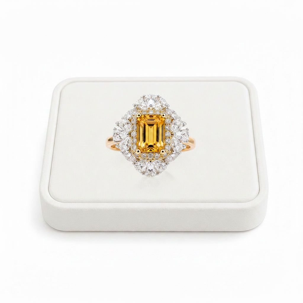 Natural Citrine Ring – 5x7mm Emerald Cut Citrine Floral Halo Ring in 925 Sterling Silver