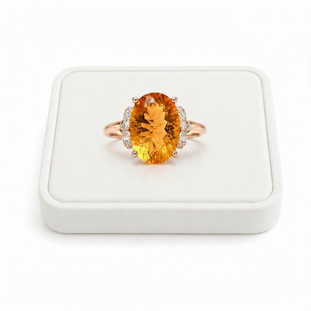 6 carat natural citrine statement ring displayed on white velvet jewelry tray