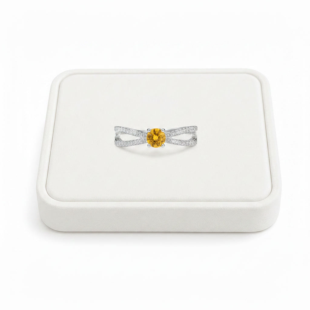 Natural Citrine Ring – 4mm Round Citrine CZ Crossover Ring in 925 Sterling Silver