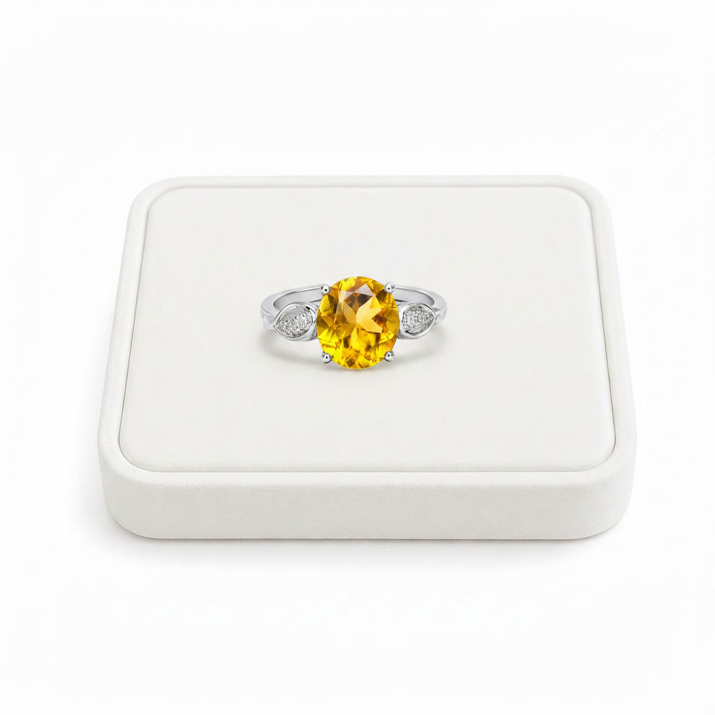 Natural Citrine Ring – 8mm Round Citrine & CZ Leaf Ring in 925 Sterling Silver