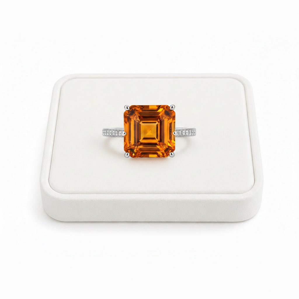 Natural Citrine Ring – 12mm Asscher Cut Citrine Statement Ring in 925 Sterling Silver