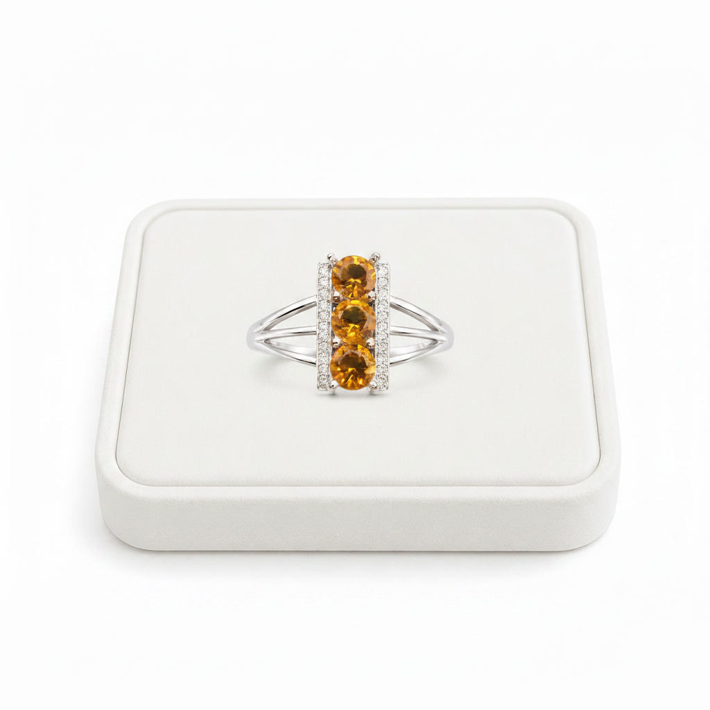 Natural Citrine Three Stone Ring – 5mm Round Citrine & CZ in 925 Sterling Silver