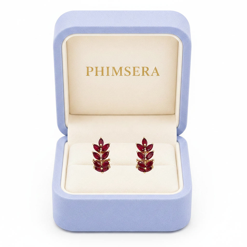 Natural Ruby Marquise Hoop Earrings in 925 Sterling Silver with Platinum Plating by Phimsera