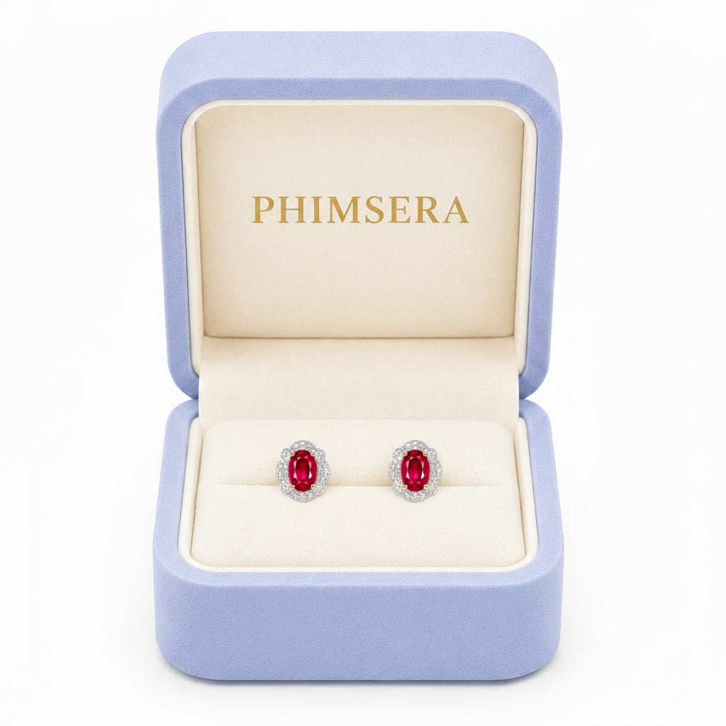 Natural 4x6mm Ruby Halo Stud Earrings in 925 Sterling Silver with Platinum Plating and Cubic Zirconia by Phimsera