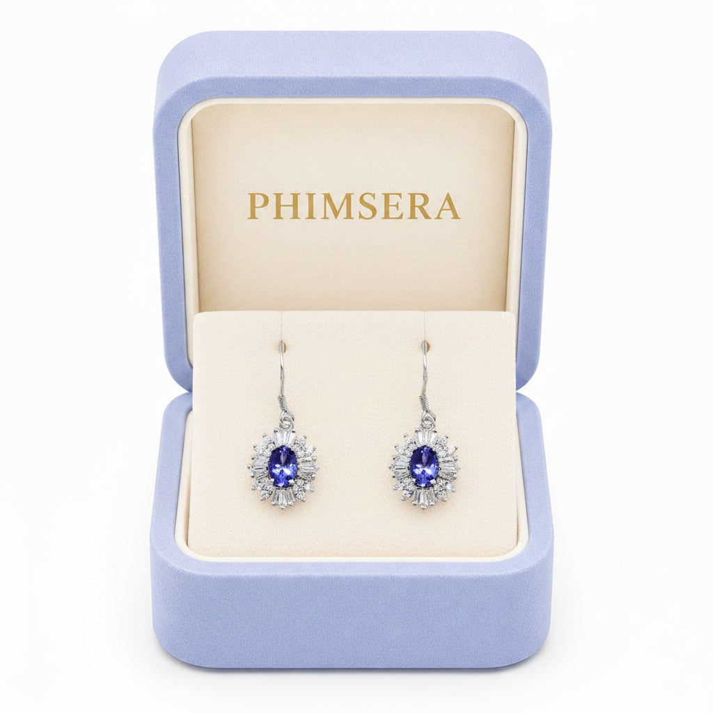 Natural 4x6mm Tanzanite Dangle Hook Earrings in 925 Sterling Silver with Platinum Plating by Phimsera