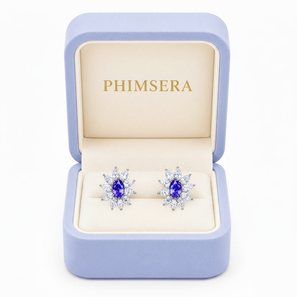Natural Purple Tanzanite Halo Stud Earrings 4x6mm in 925 Sterling Silver with Platinum Plating by Phimsera