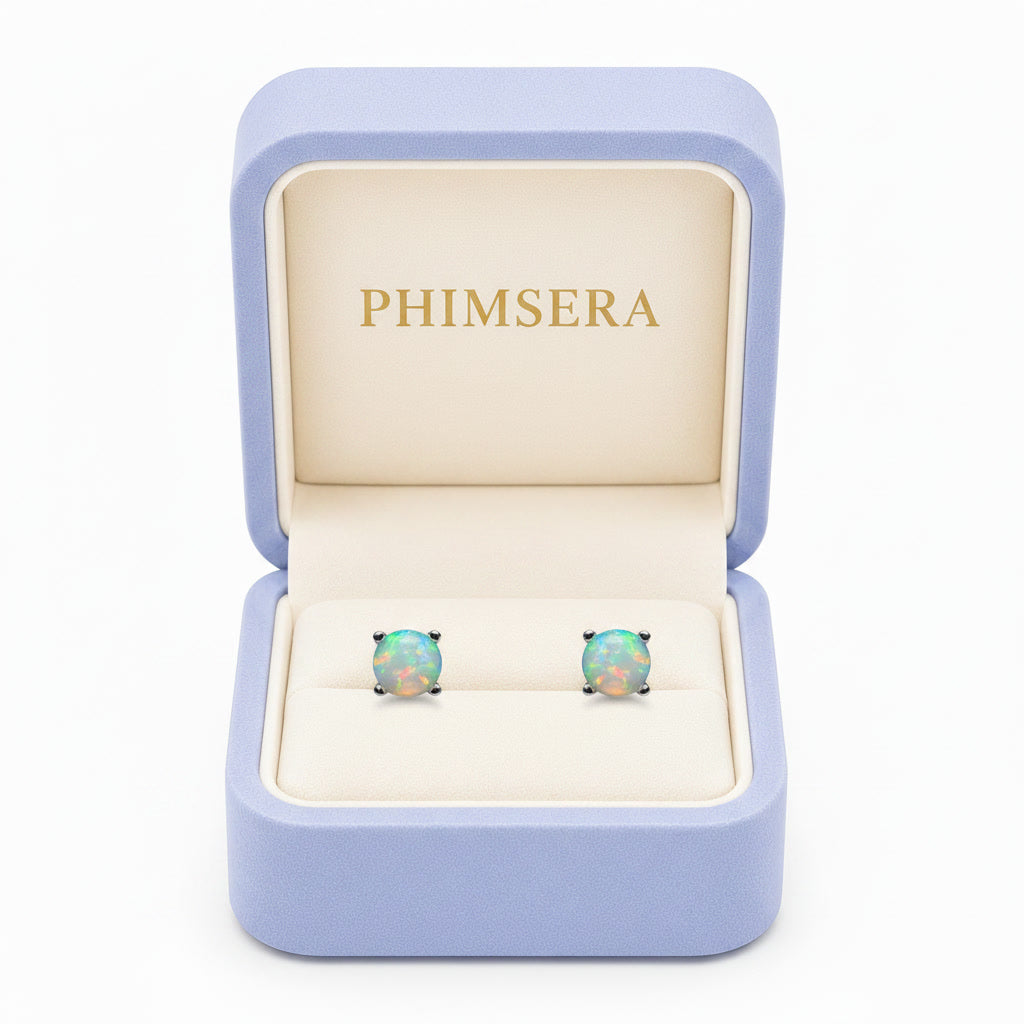 White Fire Opal Stud Earrings, Natural Opal 5x5mm Stud Earrings Sterling Silver