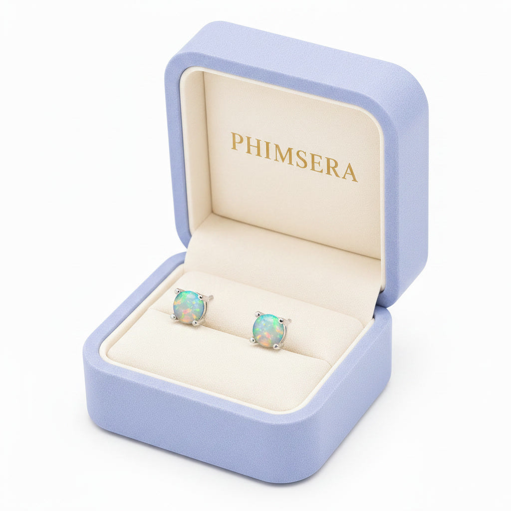 White Fire Opal Stud Earrings, Natural Opal 5x5mm Stud Earrings Sterling Silver