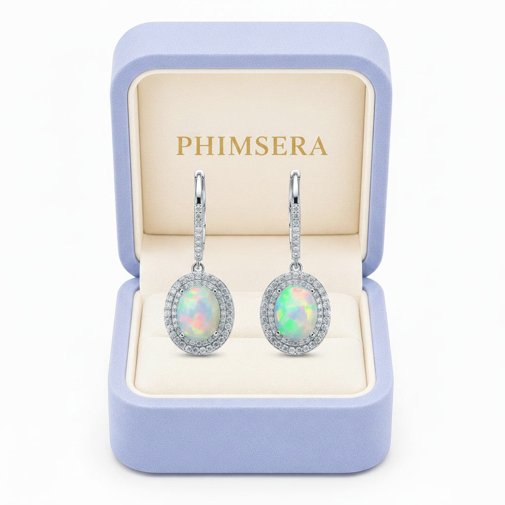 Large Fire Opal Dangle Earrings 8x10mm 925 Sterling Silver