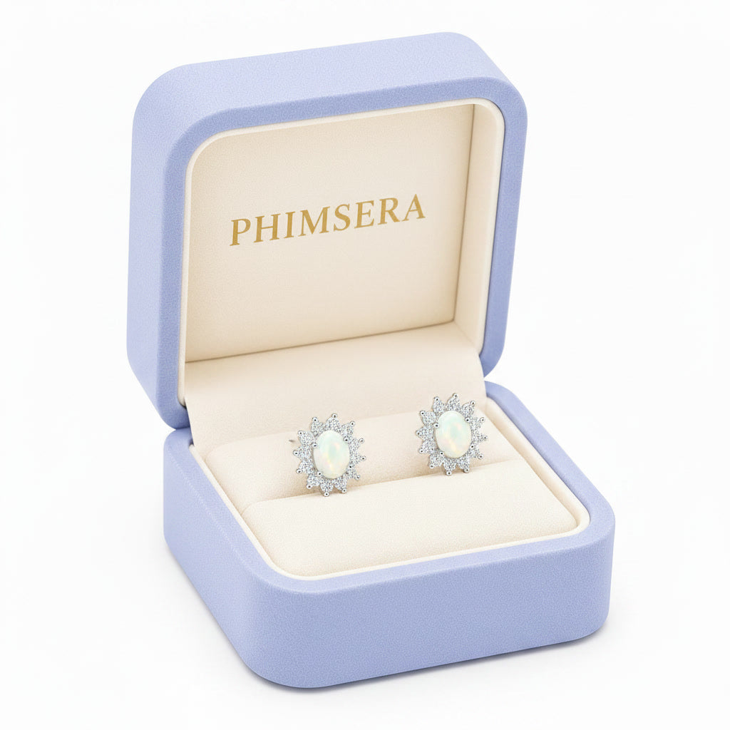 Stud Earrings Opal, Opal Gemstone Silver, Natural Opal Earrings 925 Sterling 4x5