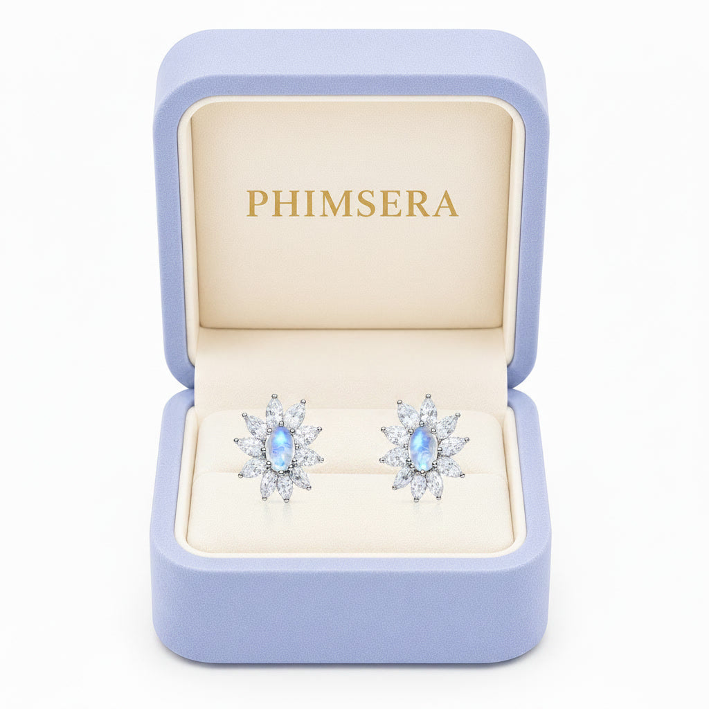 Blue Moonstone earrings shown in Phimsera jewelry box.