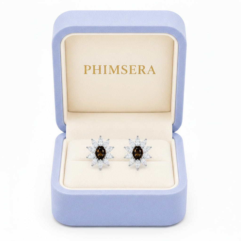 Natural 4x6mm smoky quartz floral halo stud earrings with marquise cubic zirconia in 925 sterling silver