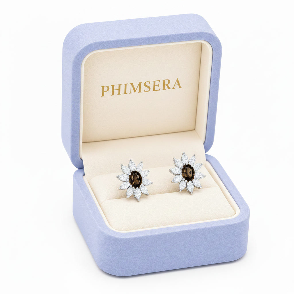 Natural 4x6mm smoky quartz floral halo stud earrings with marquise cubic zirconia in 925 sterling silver