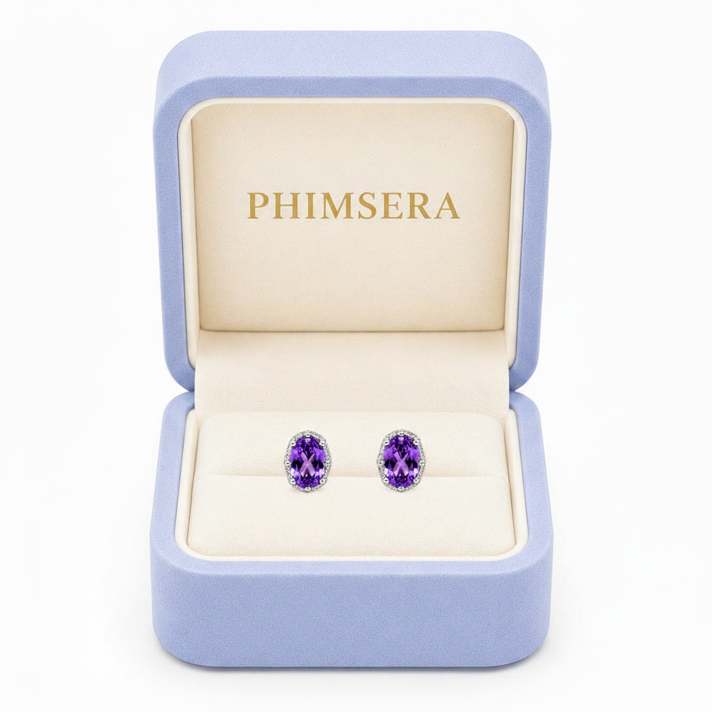 Natural 5x7mm oval amethyst halo stud earrings in 925 sterling silver on white background
