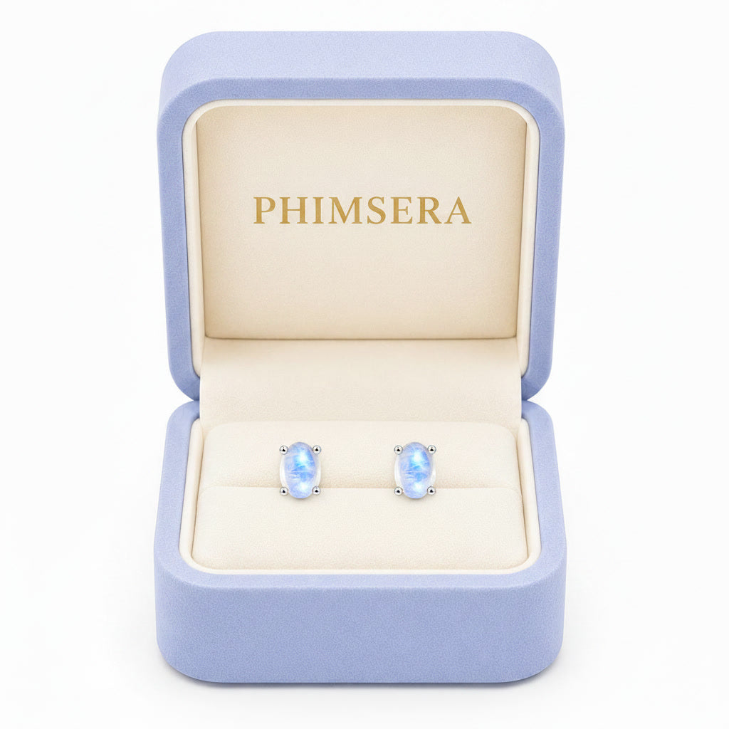 Natural 4x6mm Moonstone Stud Earrings in 925 Sterling Silver
