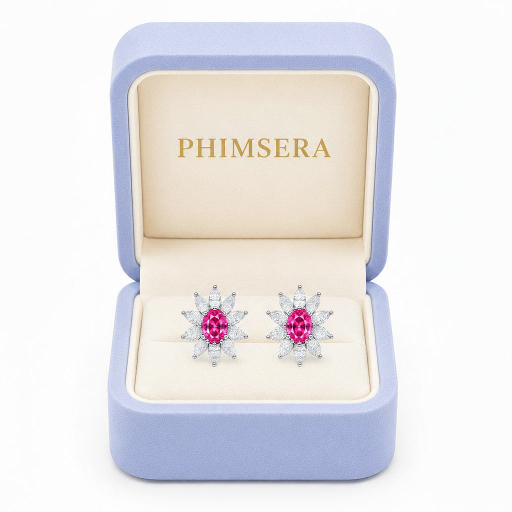 Natural 4x6mm pink topaz floral halo stud earrings in 925 sterling silver with marquise-cut cubic zirconia