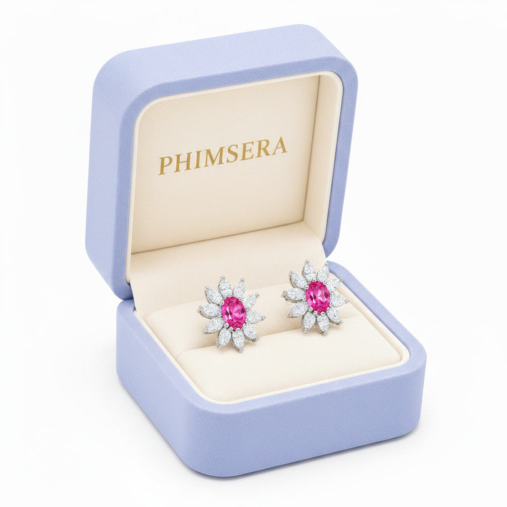Natural 4x6mm pink topaz floral halo stud earrings in 925 sterling silver with marquise-cut cubic zirconia