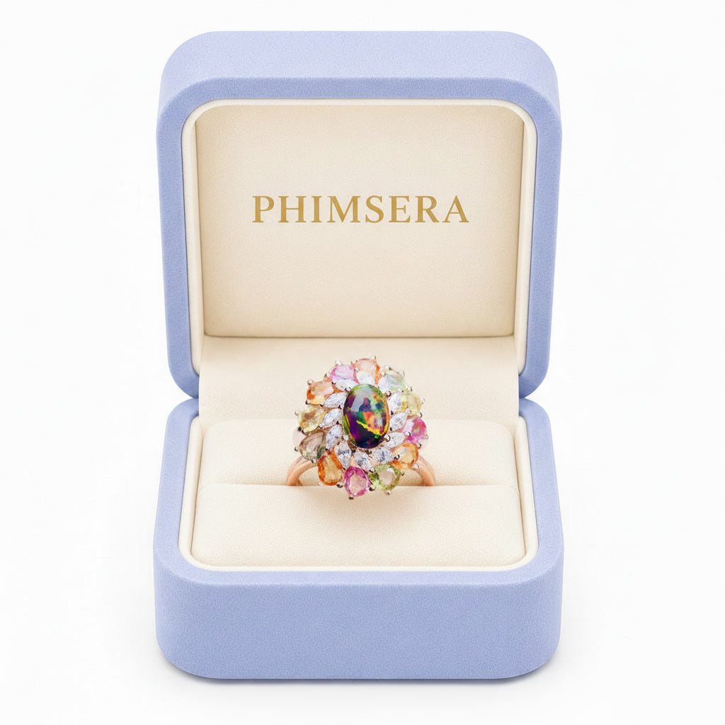 Natural Black Australian Fire Opal Ring with Multicolor Sapphires in 925 Sterling Silver