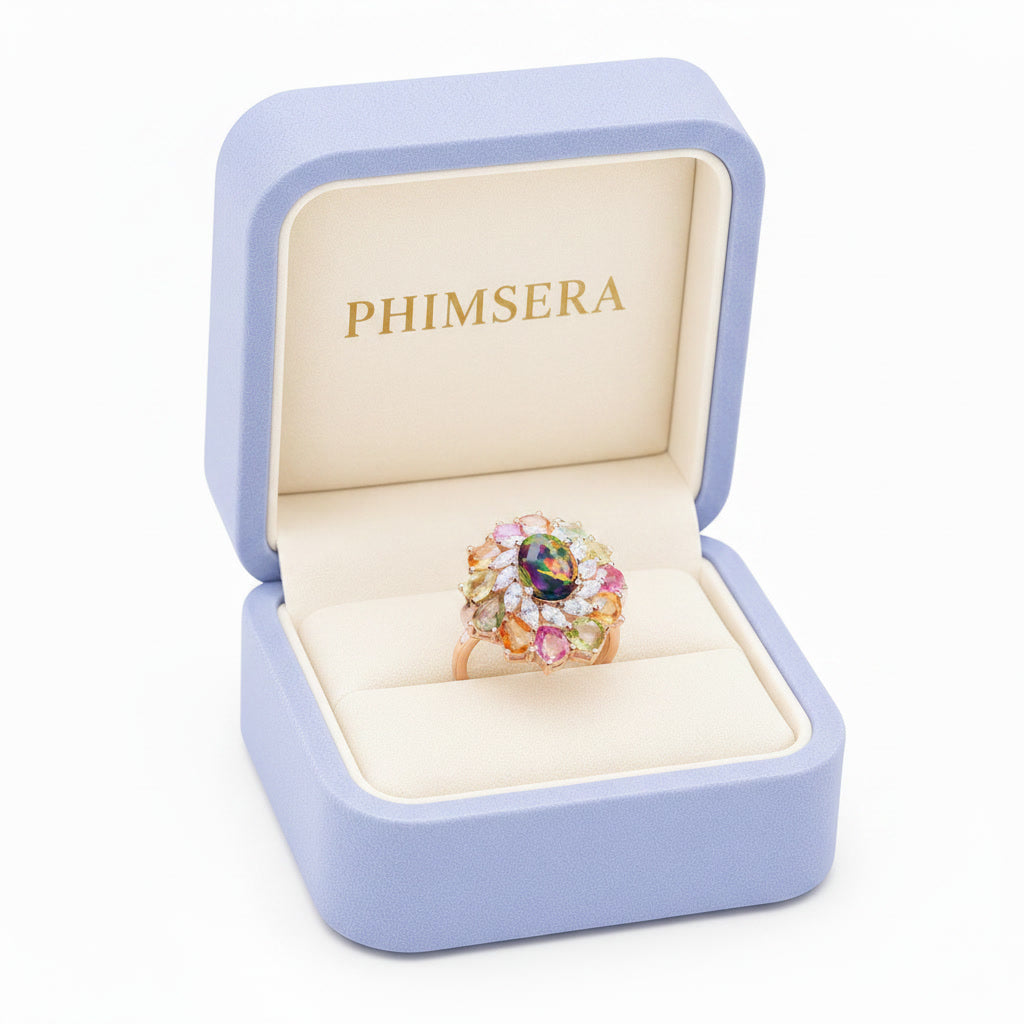 Natural Black Australian Fire Opal Ring with Multicolor Sapphires in 925 Sterling Silver