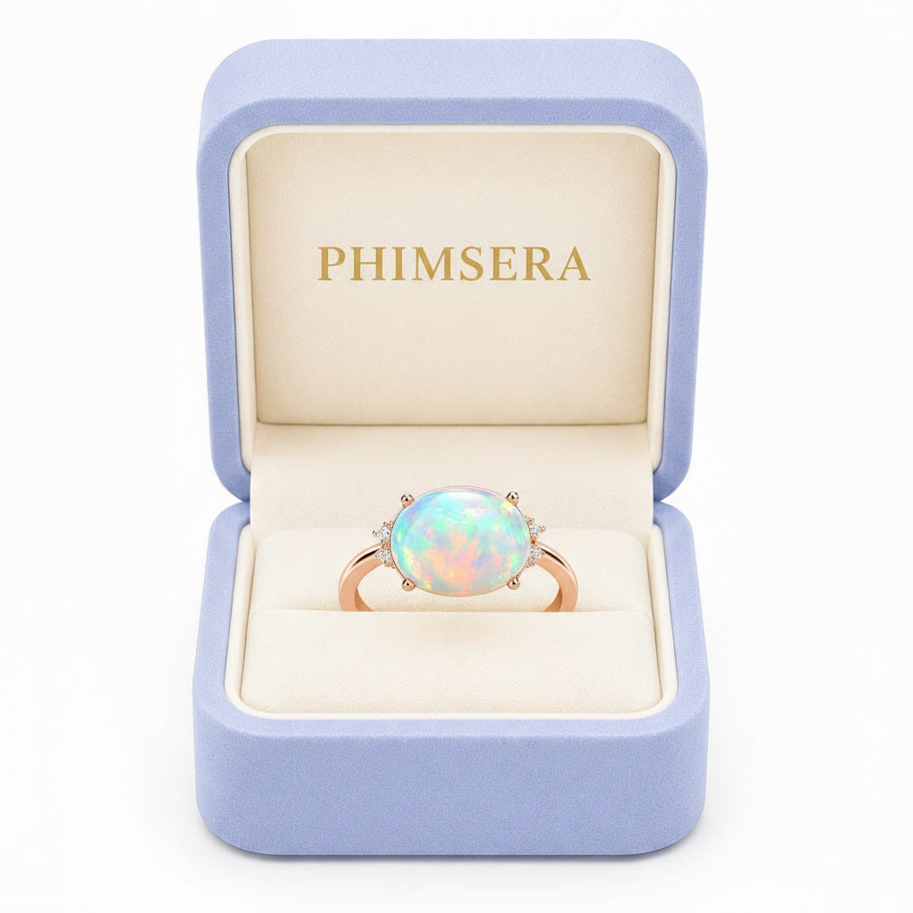 Horizontal White Fire Opal Gemstone Ring 925 Sterling Silver