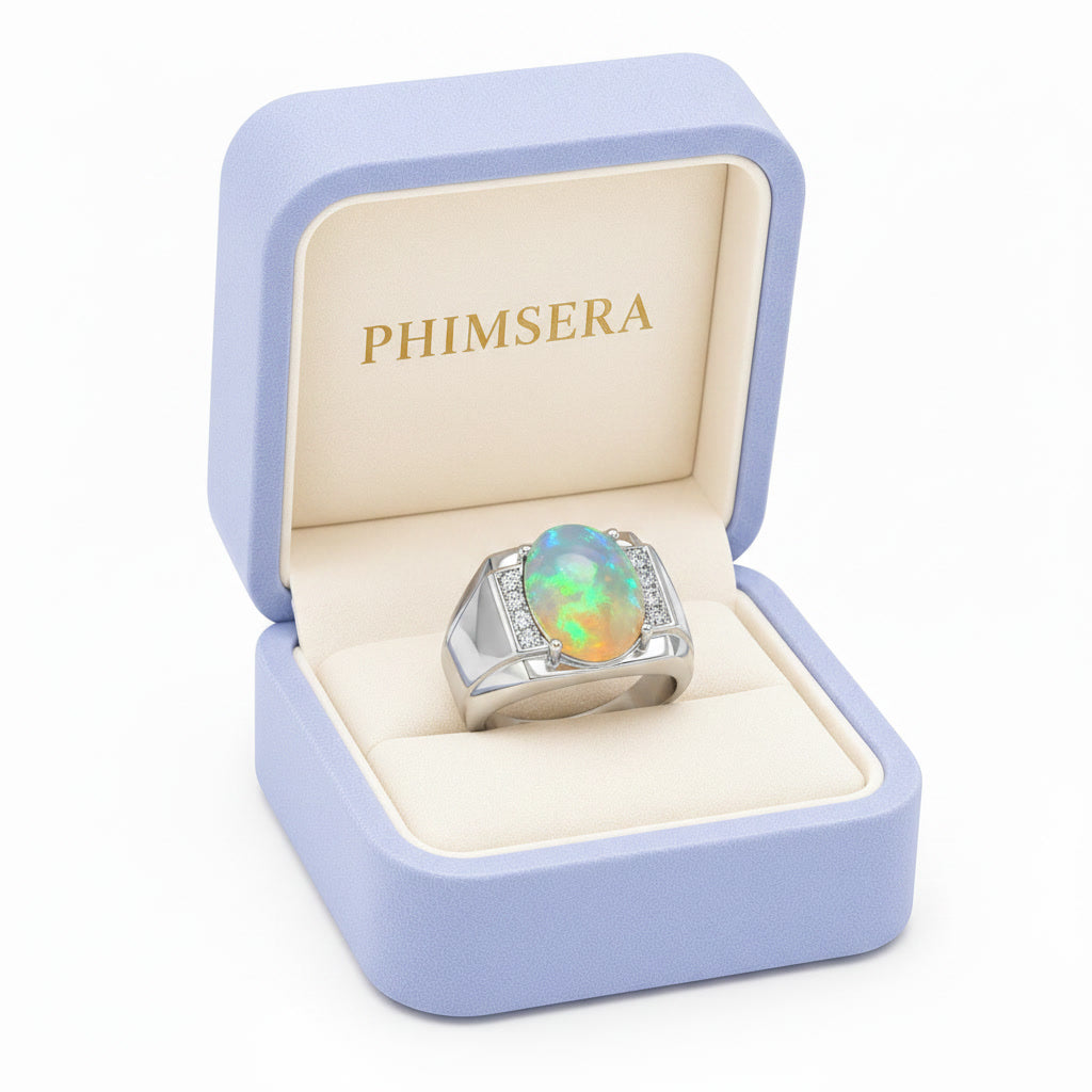 Men's Fire Opal Ring 10x14mm, Natural Opal Men's Ring 925 Sterling Silver