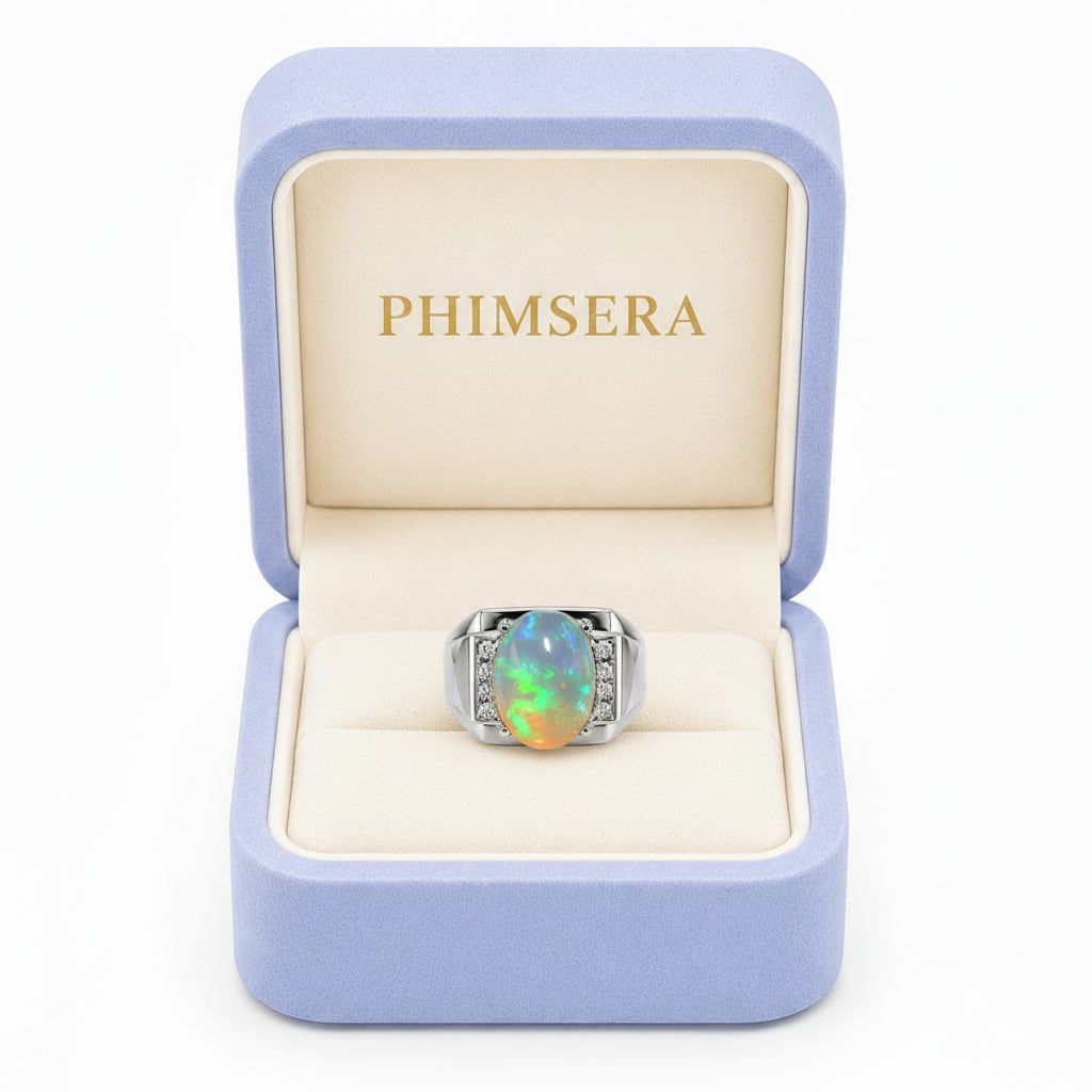 Men's Fire Opal Ring 10x14mm, Natural Opal Men's Ring 925 Sterling Silver