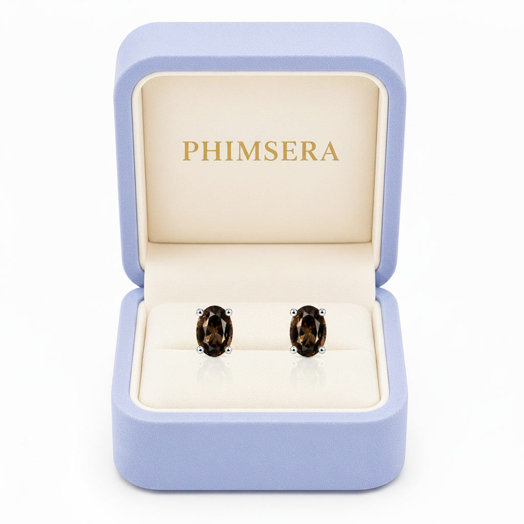 Natural 4x6mm Smoky Quartz Stud Earrings in 925 Sterling Silver