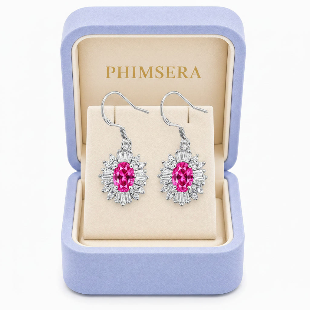 Natural 4x6mm Oval Pink Topaz Floral Halo Dangle Earrings in 925 Sterling Silver | Platinum Plated