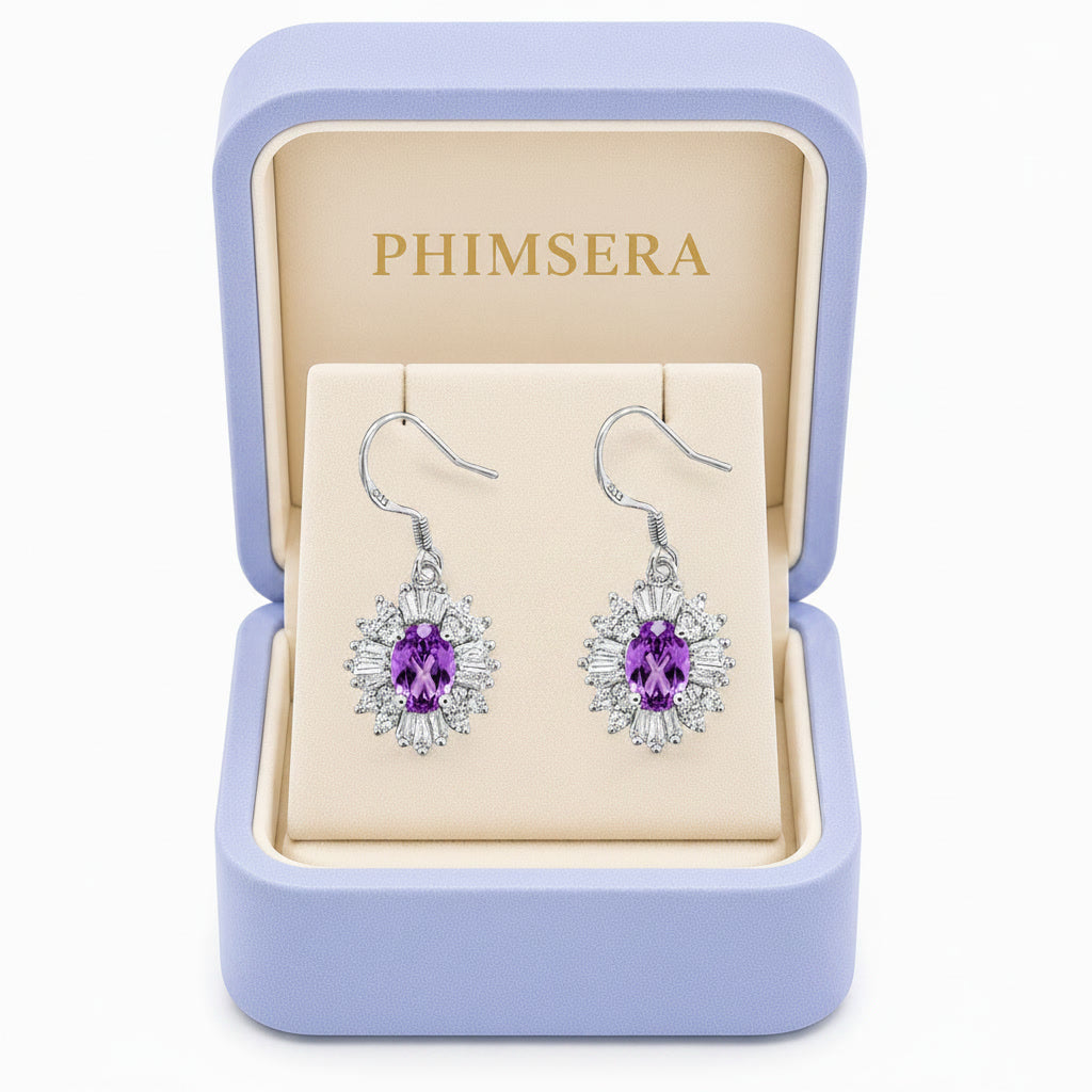 4x6mm Amethyst Halo Drop Earrings in 925 Sterling Silver