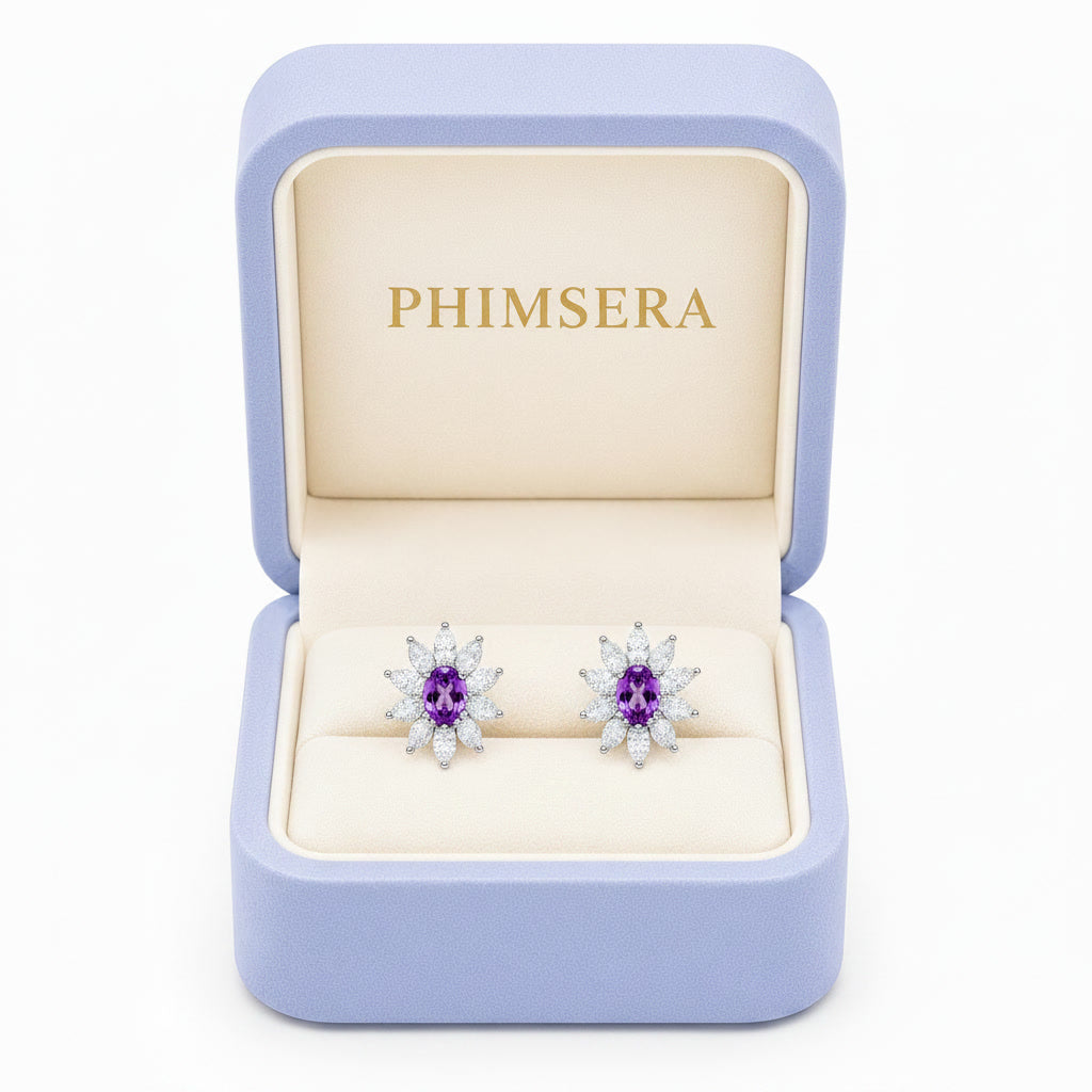 Natural 4x6mm oval amethyst stud earrings in 925 sterling silver with platinum plated finish