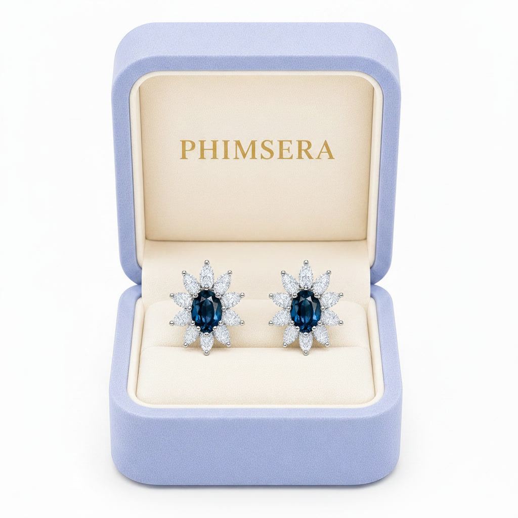 Natural 4x6mm Oval London Blue Topaz Floral Halo Stud Earrings in Platinum Plated 925 Sterling Silver with Marquise Cubic Zirconia