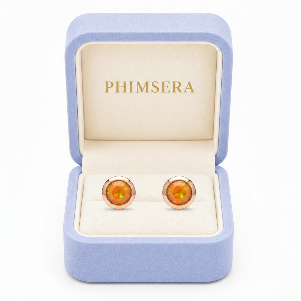 Orange Fire Opal Bezel Setting Stud Earrings 5mm, Orange Fire Opal Earrings