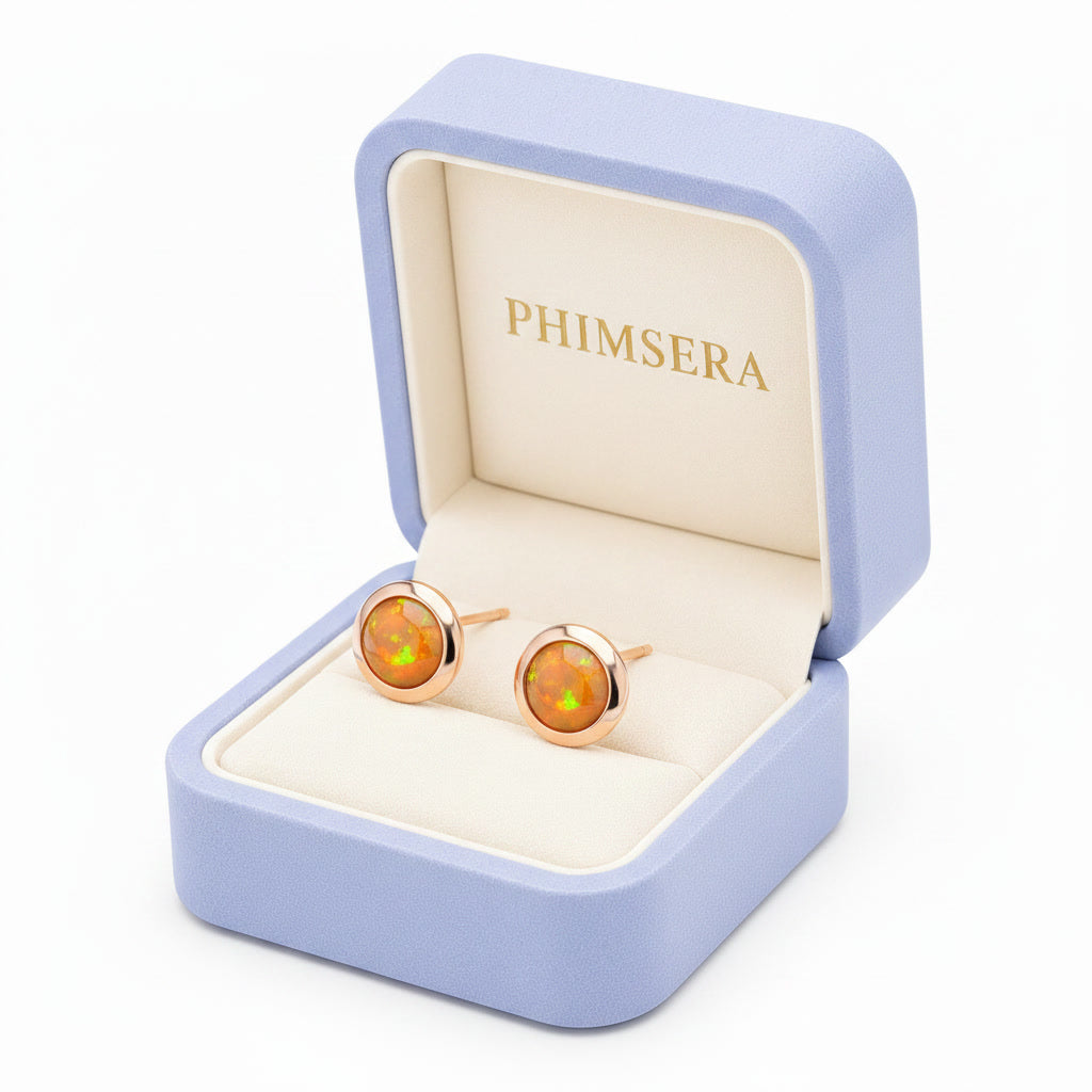 Orange Fire Opal Bezel Setting Stud Earrings 5mm, Orange Fire Opal Earrings