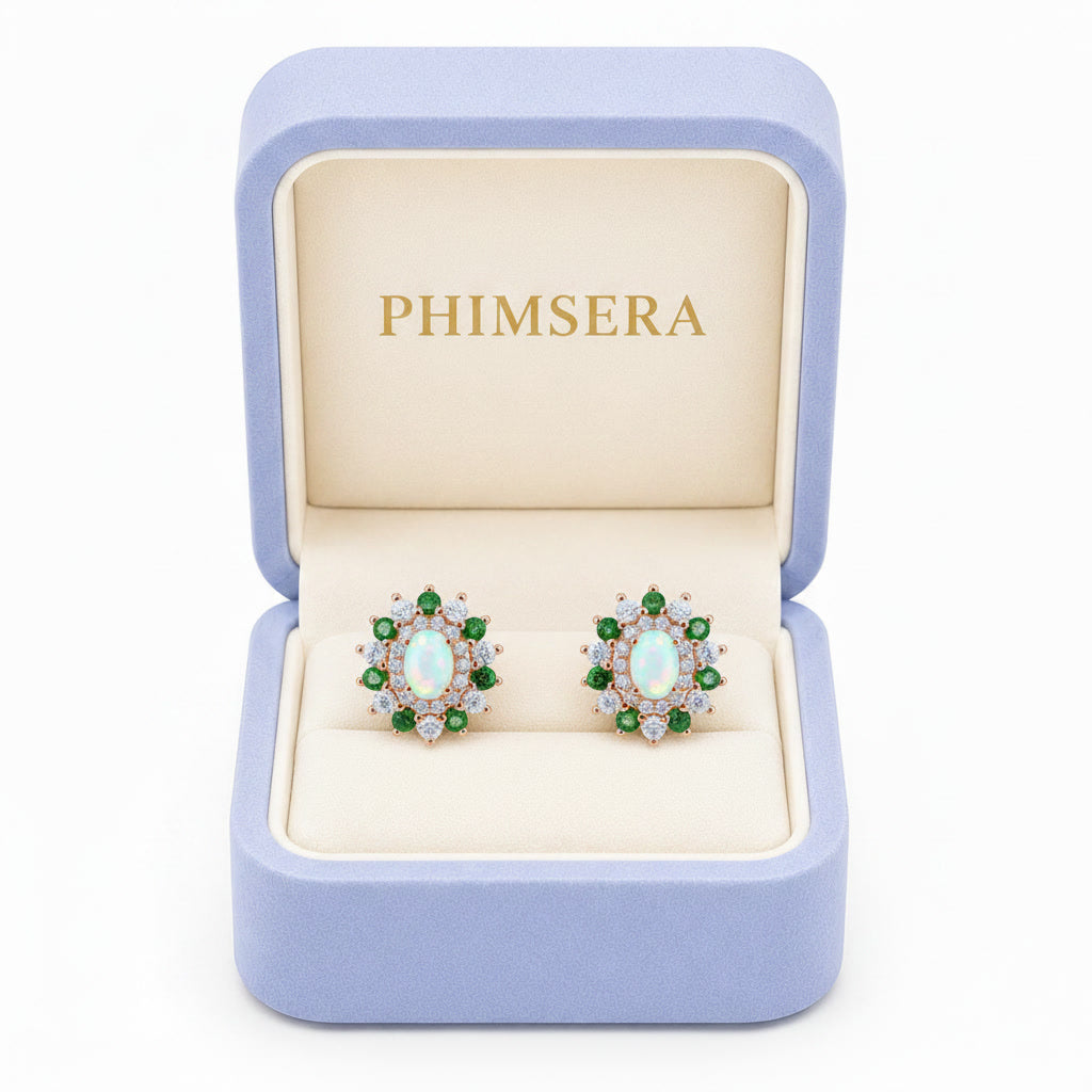 White Fire Opal and Chrome Diopside Flower Stud Earrings