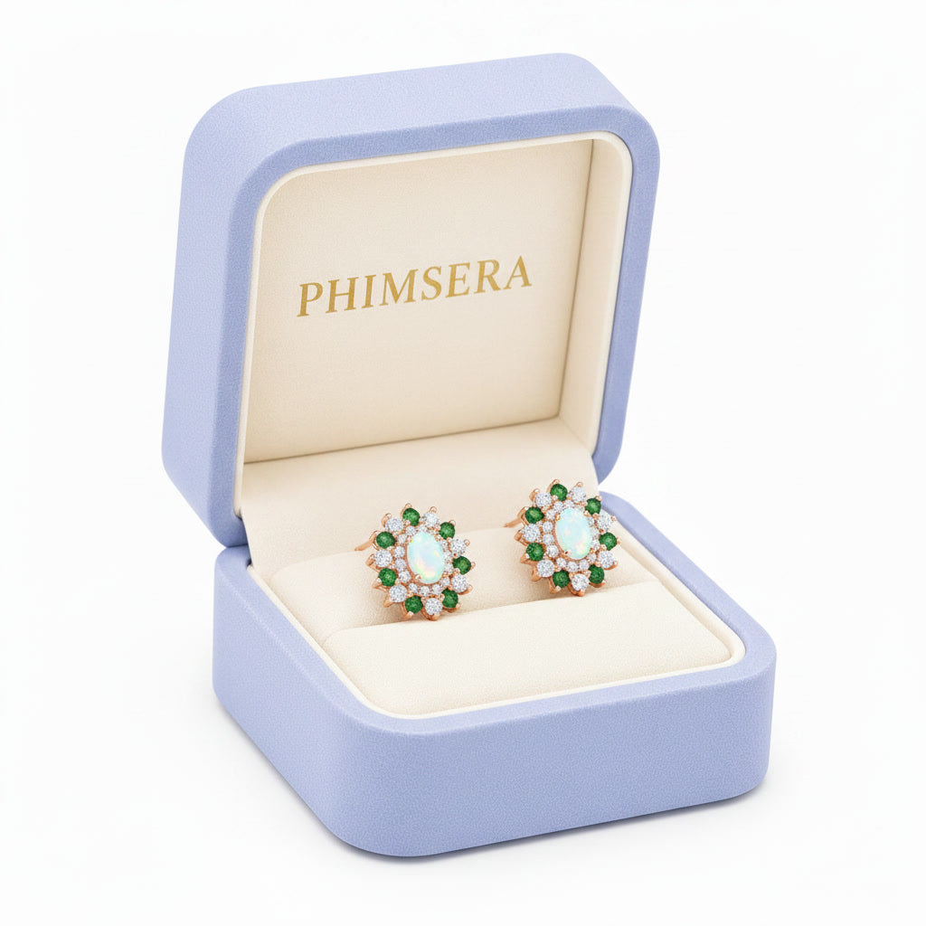 White Fire Opal and Chrome Diopside Flower Stud Earrings